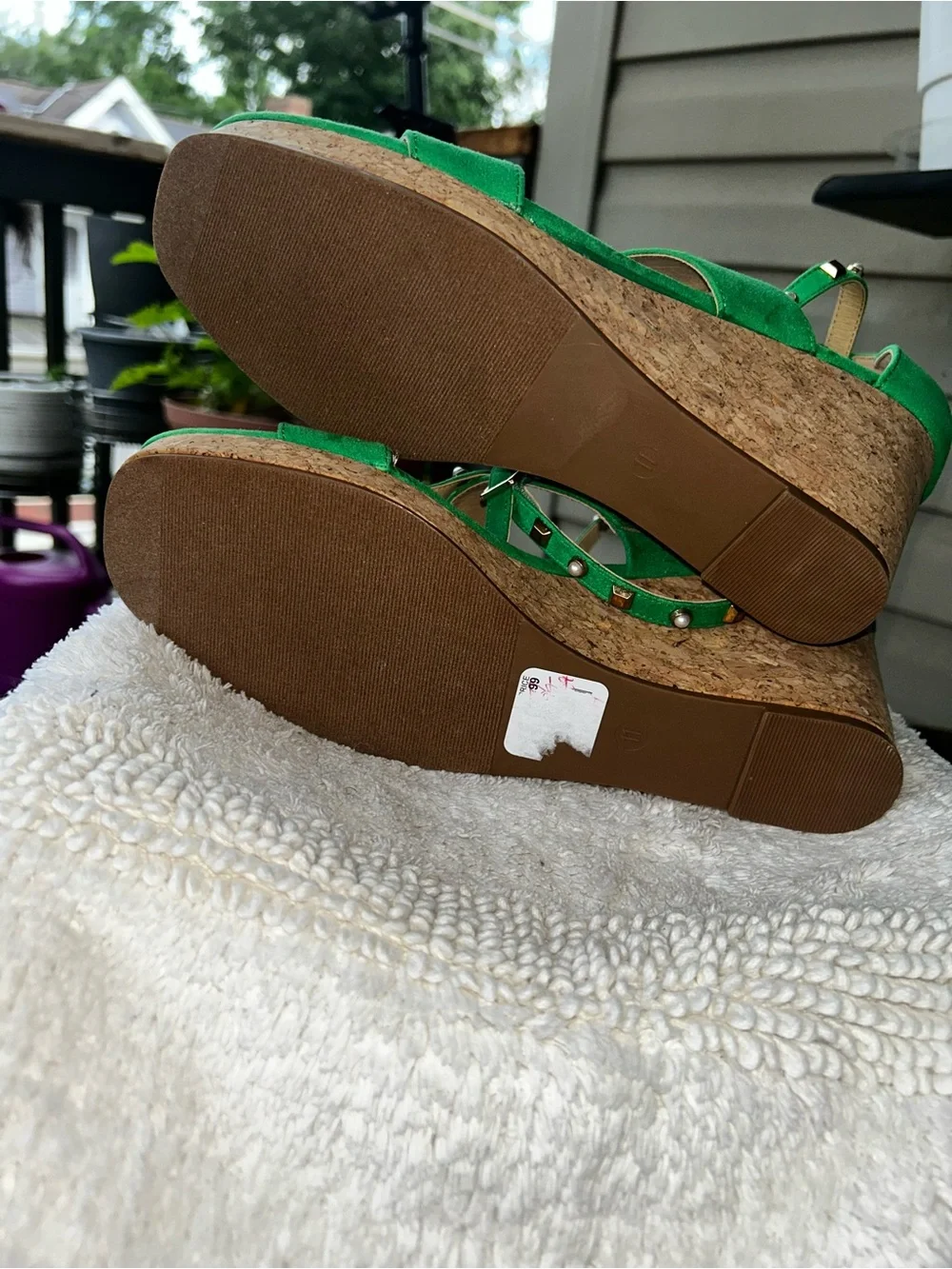 Studded Green Suede Cork Wedge Sandals - Women